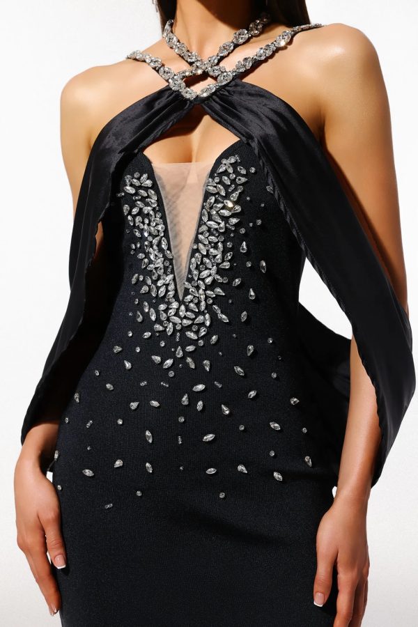 uaelyth halterneck rhinestone bandage maxi dress in black 15