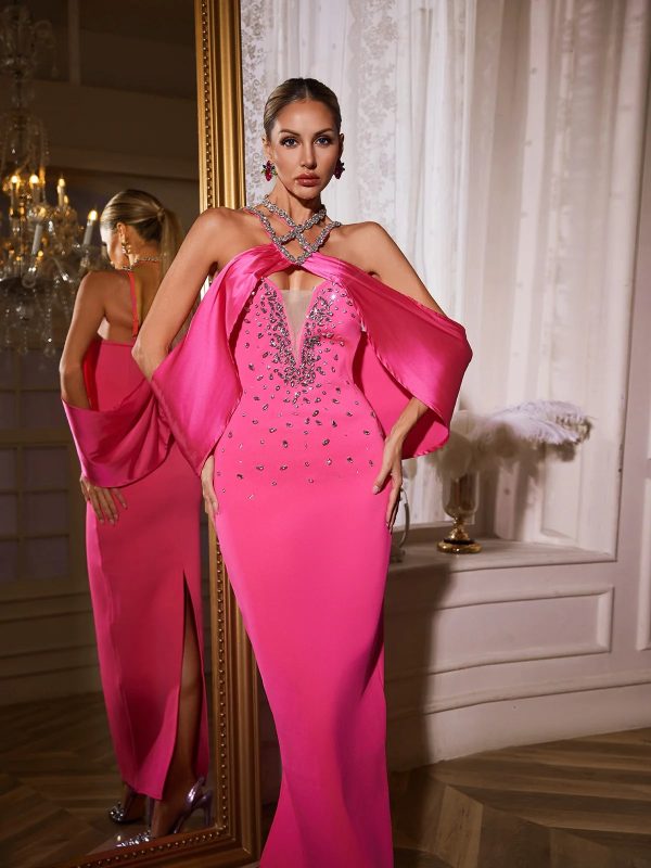 uaelyth halterneck rhinestone bandage maxi dress in pink 13
