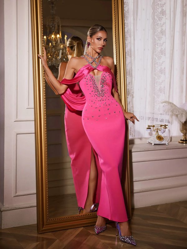 uaelyth halterneck rhinestone bandage maxi dress in pink 14