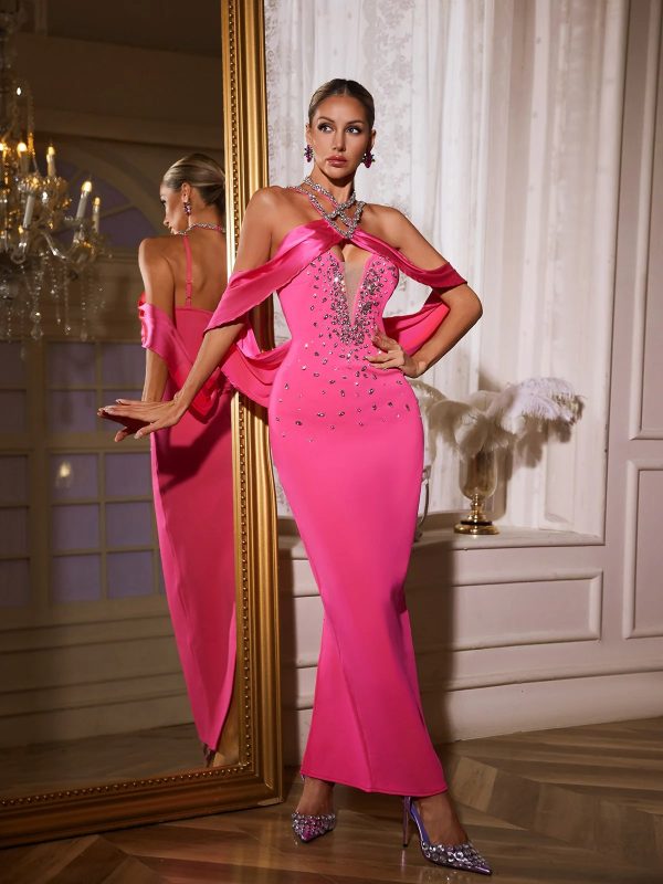 uaelyth halterneck rhinestone bandage maxi dress in pink 15