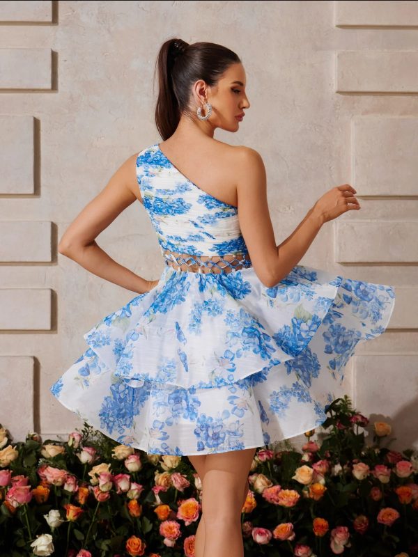 zexmir one shoulder floral tiered mini dress in blue 16