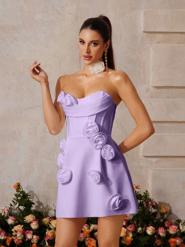 arushi strapless flower bandage mini dress in purple 14