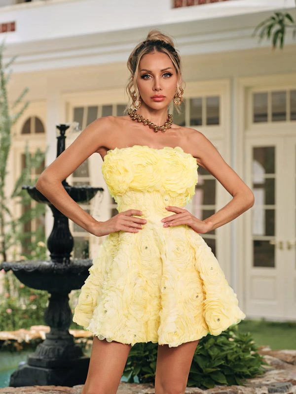 dazrik strapless flower rhinestone mini dress in yellow 13