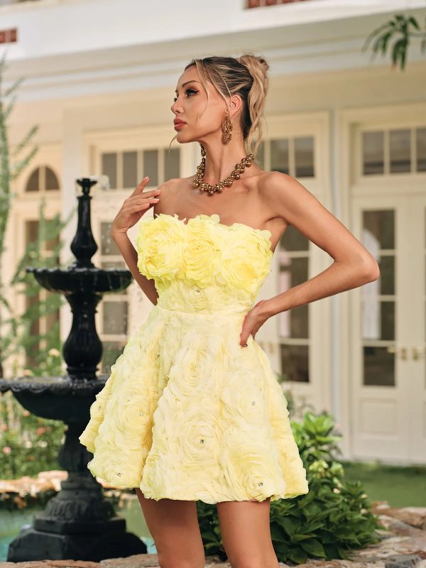 dazrik strapless flower rhinestone mini dress in yellow 15