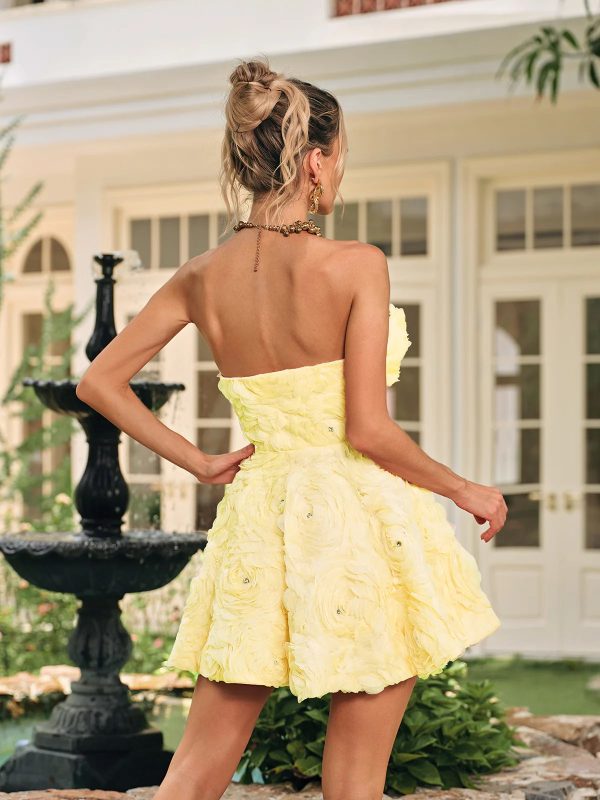 dazrik strapless flower rhinestone mini dress in yellow 16