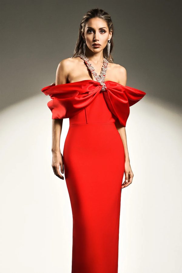 della halter sleeveless diamond bow bandage maxi dress red 12