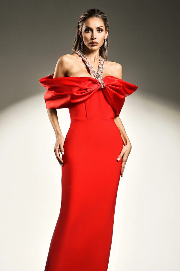 della halter sleeveless diamond bow bandage maxi dress red 13
