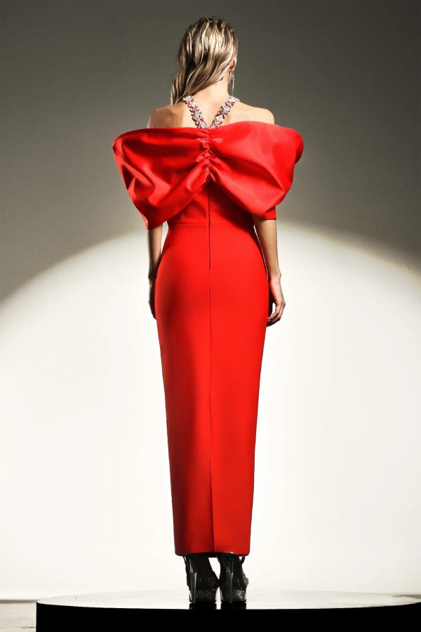 della halter sleeveless diamond bow bandage maxi dress red 16