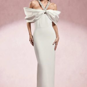 della halter sleeveless diamond bow bandage maxi dress – white 11