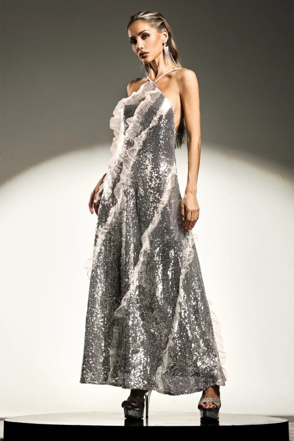 dilara sleeveless halter sequins ruffled maxi dress 12