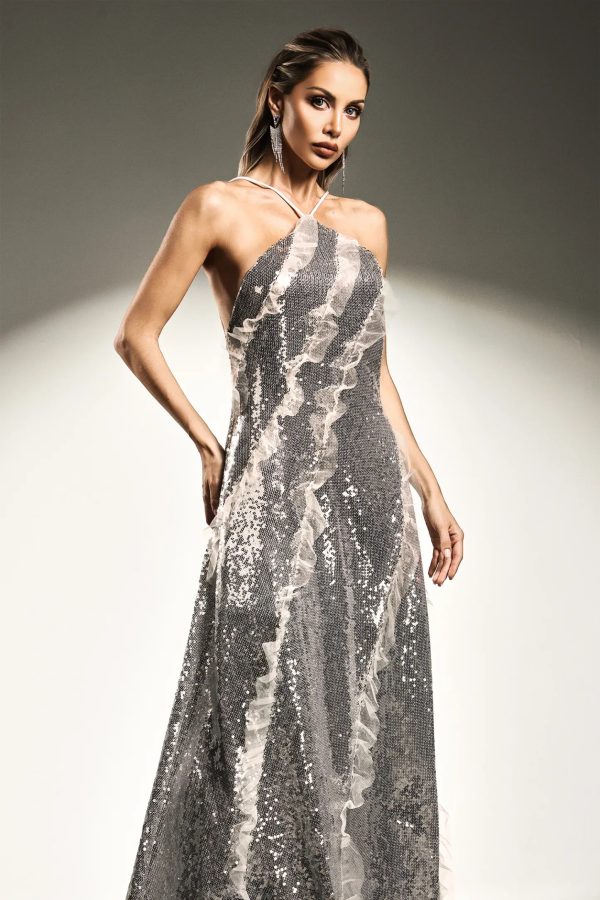 dilara sleeveless halter sequins ruffled maxi dress 14