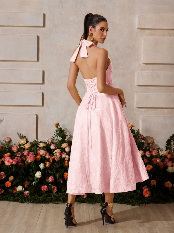 emberi lace up floral midi dress in pink 16