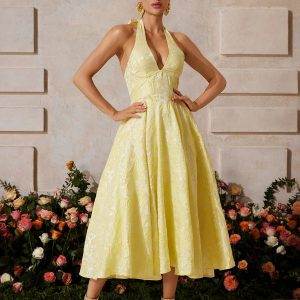 emberi lace up floral midi dress in yellow 11