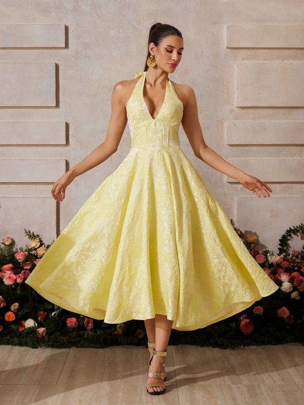 emberi lace up floral midi dress in yellow 15
