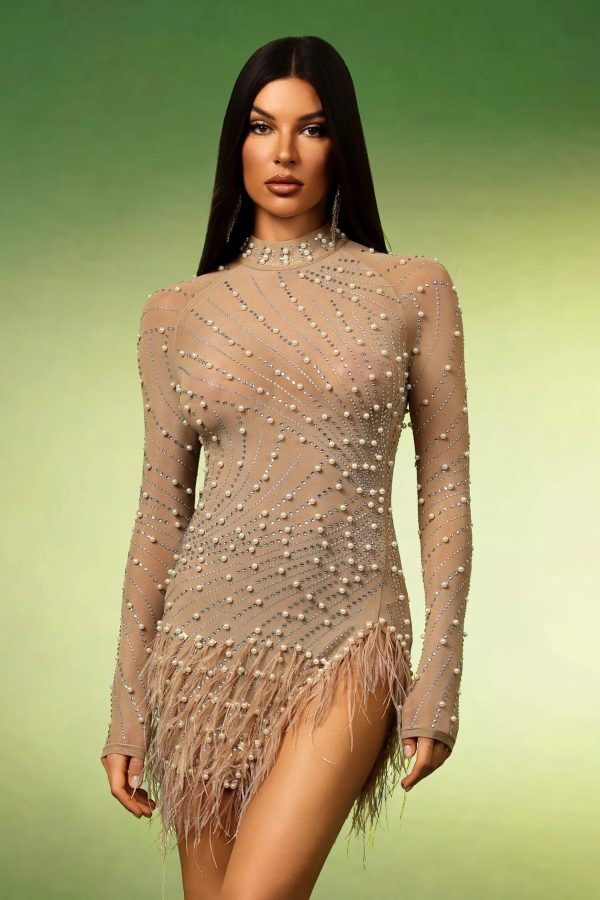 falzer long sleeves tassels pearl diamond mini dress 12