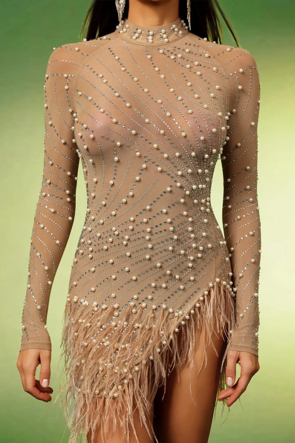 falzer long sleeves tassels pearl diamond mini dress 15