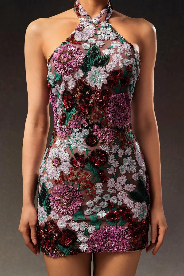 polasa halter sleeveless sequins flower mini dress 15