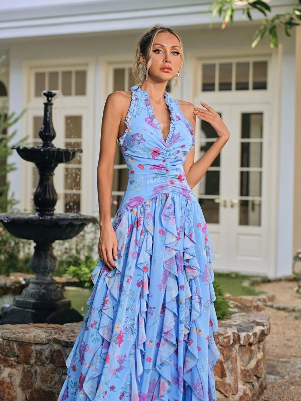 saretha halterneck floral ruffle split maxi dress 13