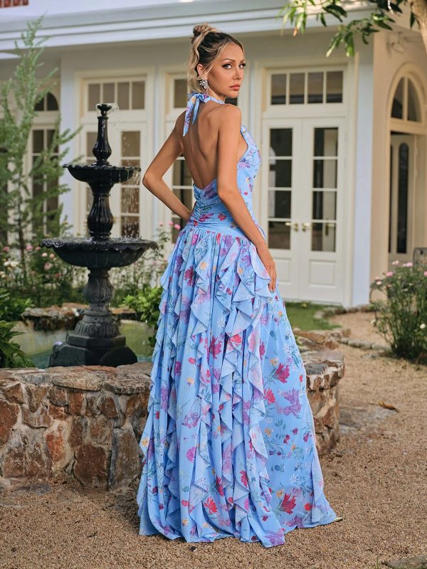 saretha halterneck floral ruffle split maxi dress 16