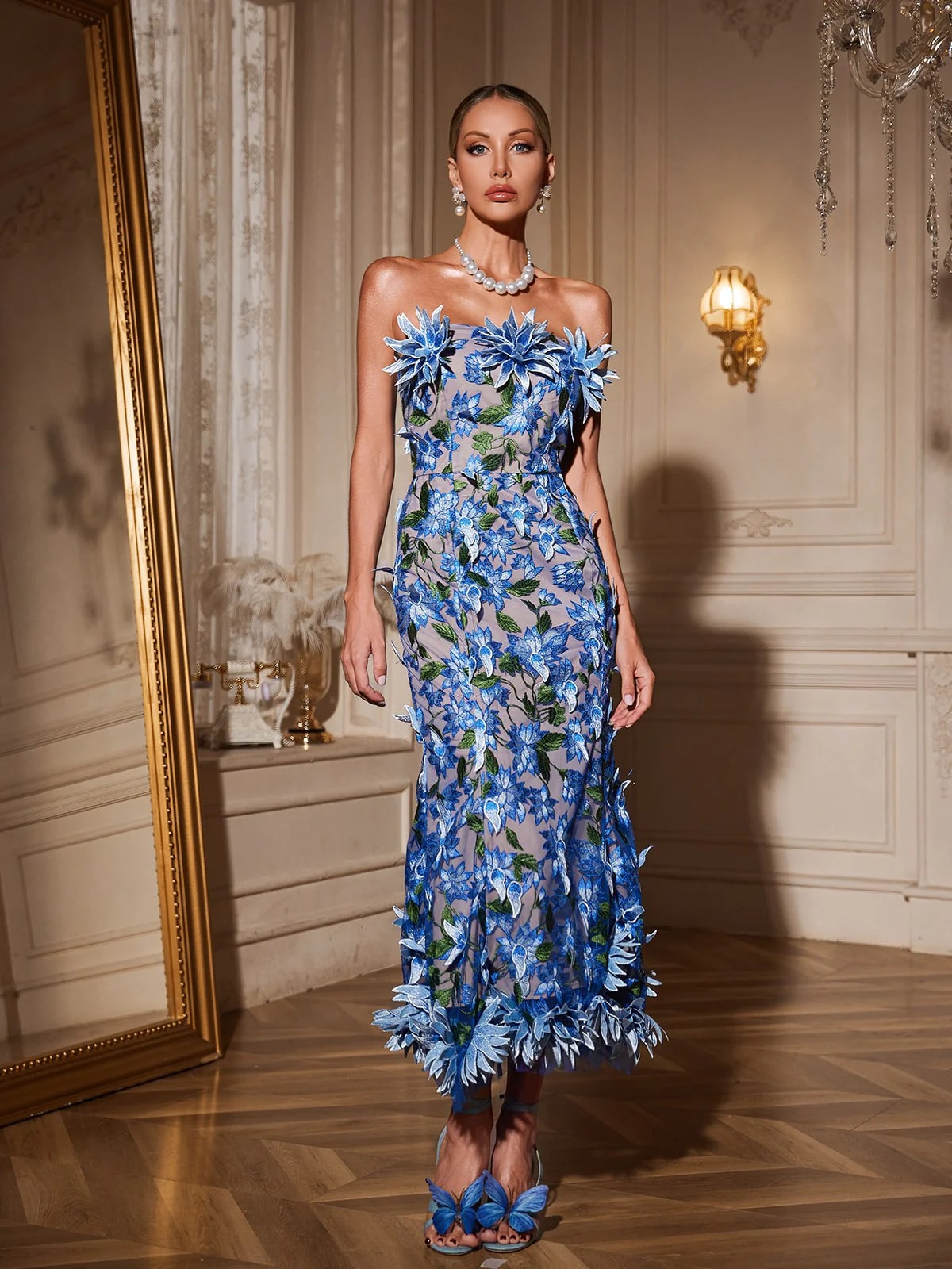 agnew strapless flower embroidered maxi dress in blue 11