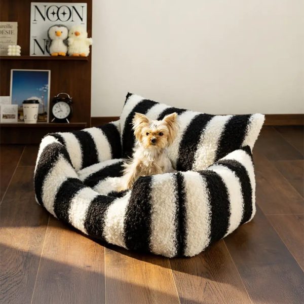 black & white stripe faux lambs wool soft dog & cat sofa bed 12