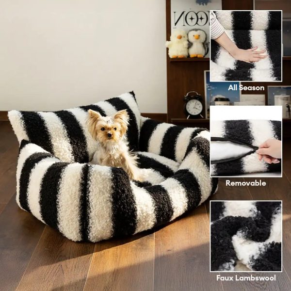 black & white stripe faux lambs wool soft dog & cat sofa bed 15