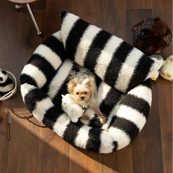 black & white stripe faux lambs wool soft dog & cat sofa bed 18
