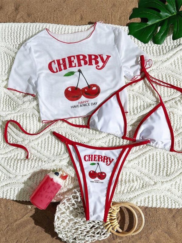 cherry printed three piece bikini set 17
