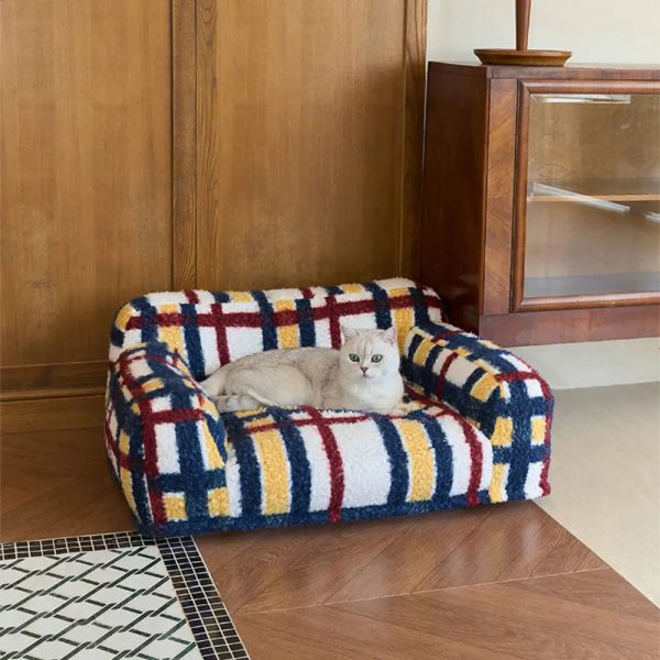 cozy plaid faux lambs wool washable dog & cat sofa bed 15