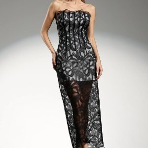 imane strapless sheer lace midi dress 11