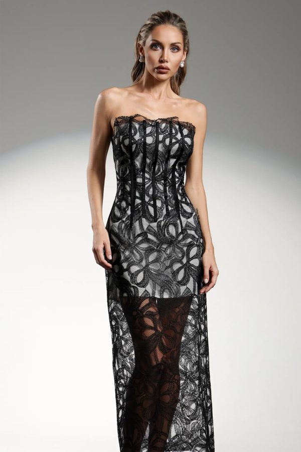 imane strapless sheer lace midi dress 13