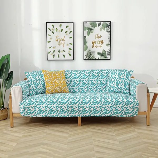 leaf print quilted one piece couch cover with non slip elastic straps 18