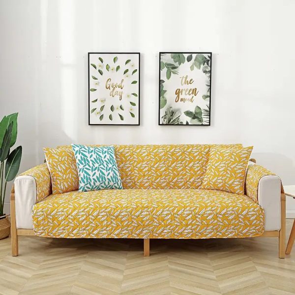 leaf print quilted one piece couch cover with non slip elastic straps 19