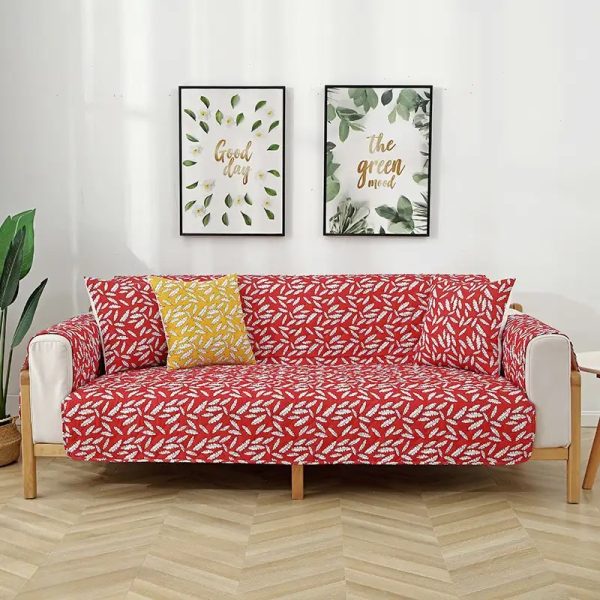 leaf print quilted one piece couch cover with non slip elastic straps 21