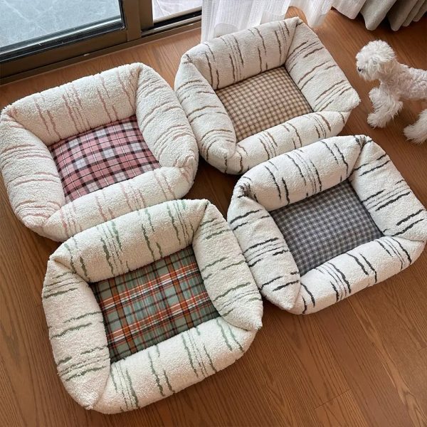 modern plaid plush thickened square calming dog bed 20