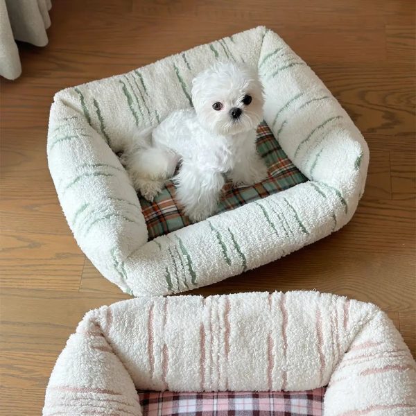 modern plaid plush thickened square calming dog bed 21