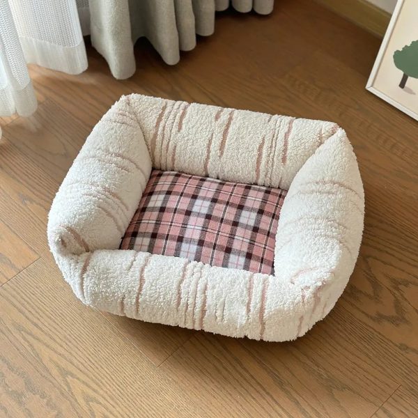 modern plaid plush thickened square calming dog bed 24