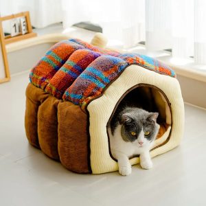 plaid retro cozy cave style warm deep sleeping dog & cat bed 11