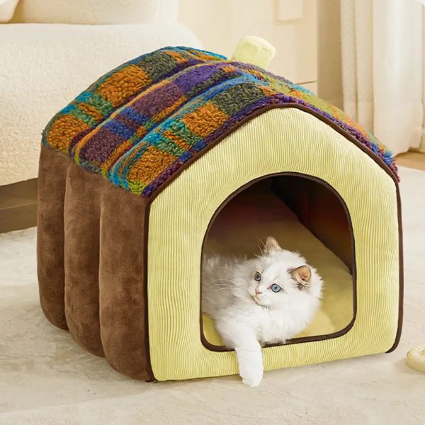 plaid retro cozy cave style warm deep sleeping dog & cat bed 12