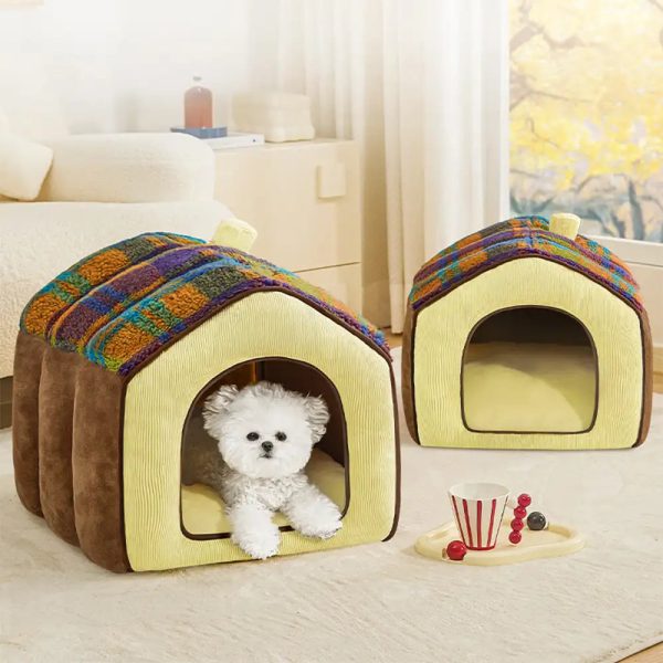 plaid retro cozy cave style warm deep sleeping dog & cat bed 13