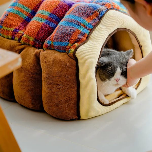 plaid retro cozy cave style warm deep sleeping dog & cat bed 14