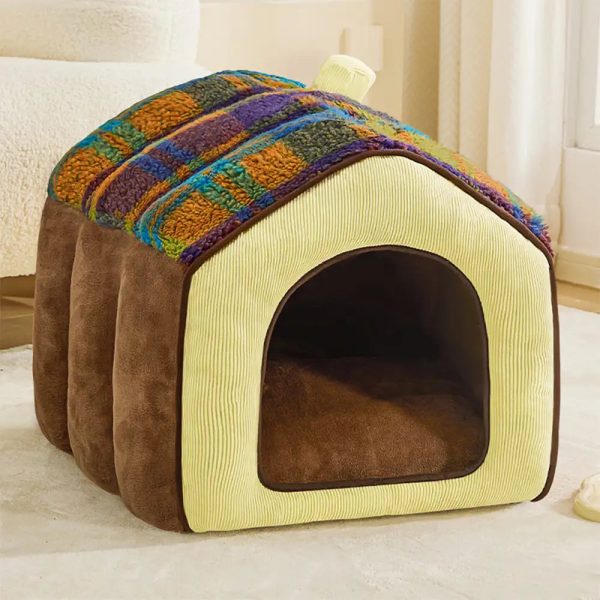 plaid retro cozy cave style warm deep sleeping dog & cat bed 22