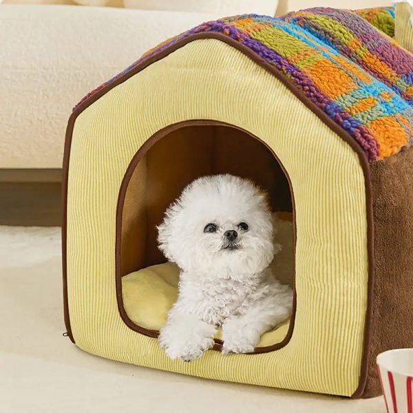 plaid retro cozy cave style warm deep sleeping dog & cat bed 24