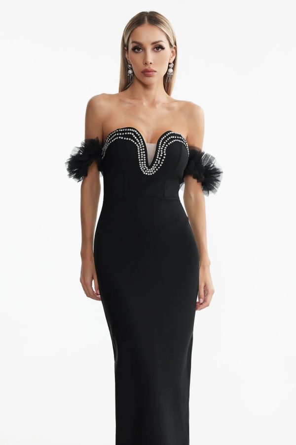 sarna off shoulder rhinestone bandage maxi dress 12