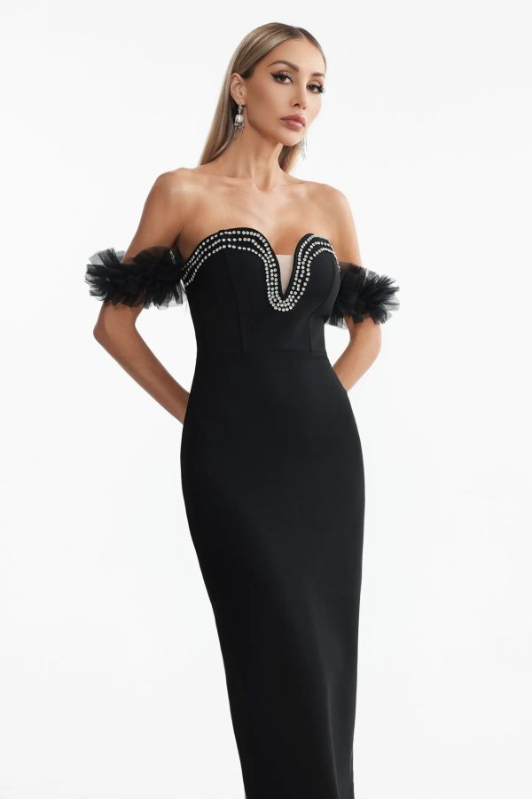 sarna off shoulder rhinestone bandage maxi dress 14