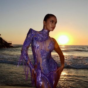 shatora one shoulder rhinestone fringe bodysuit in purple 11