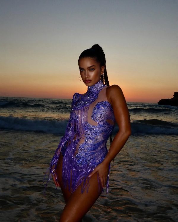 shatora one shoulder rhinestone fringe bodysuit in purple 12