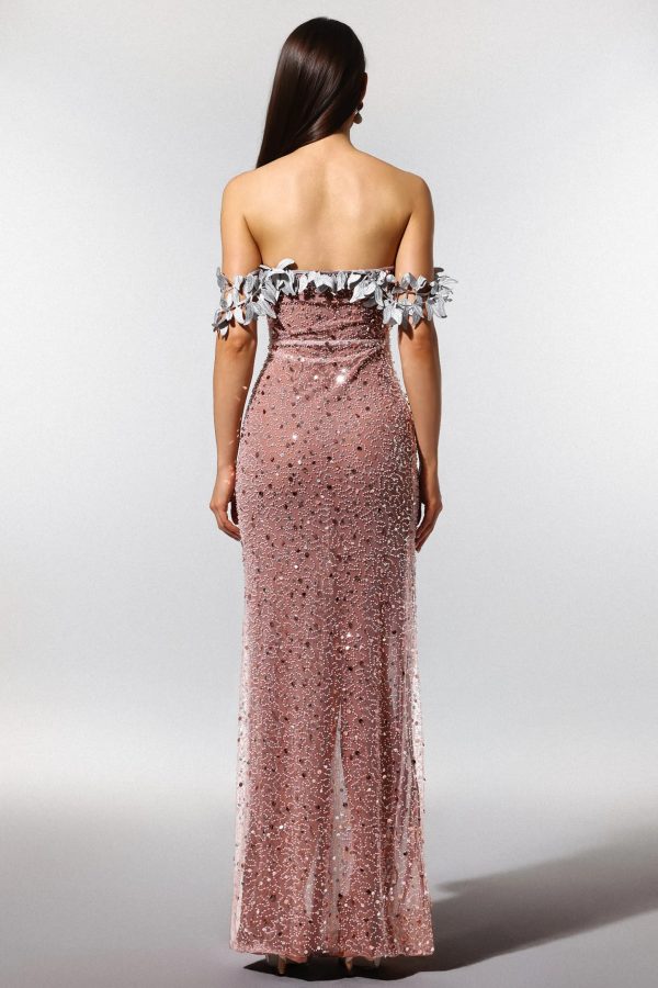 siola off the shoulder lace slit sequins maxi dress 16