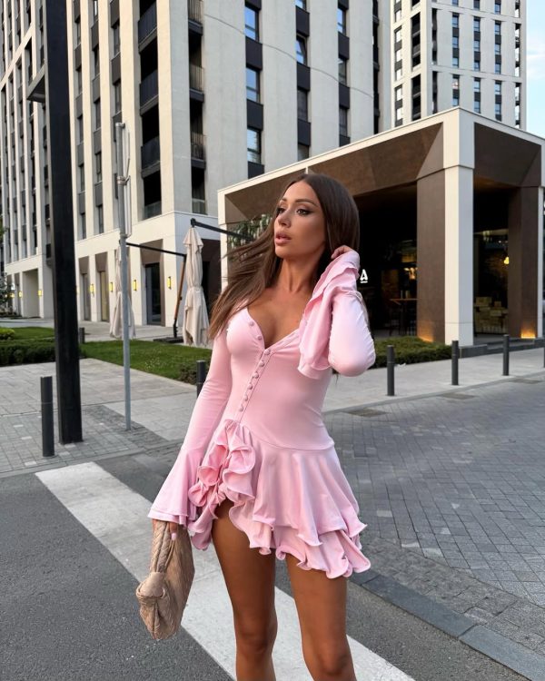 taylor ruffled long sleeve mini dress in pink 12