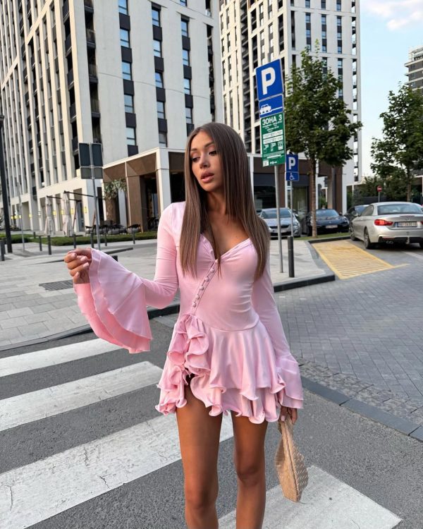 taylor ruffled long sleeve mini dress in pink 13